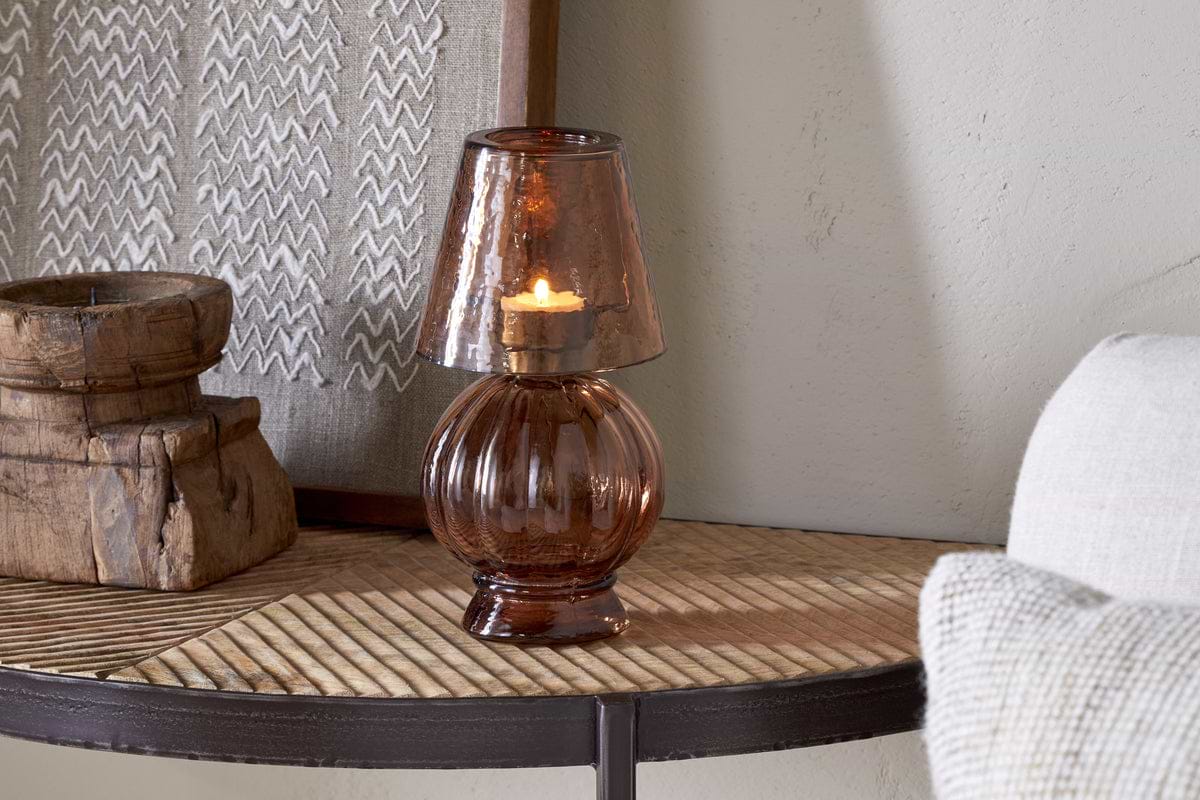 Adesola Glass Tealight Holder Lamp - Amber-CANDLES HOLDERS & LANTERNS-Nkuku