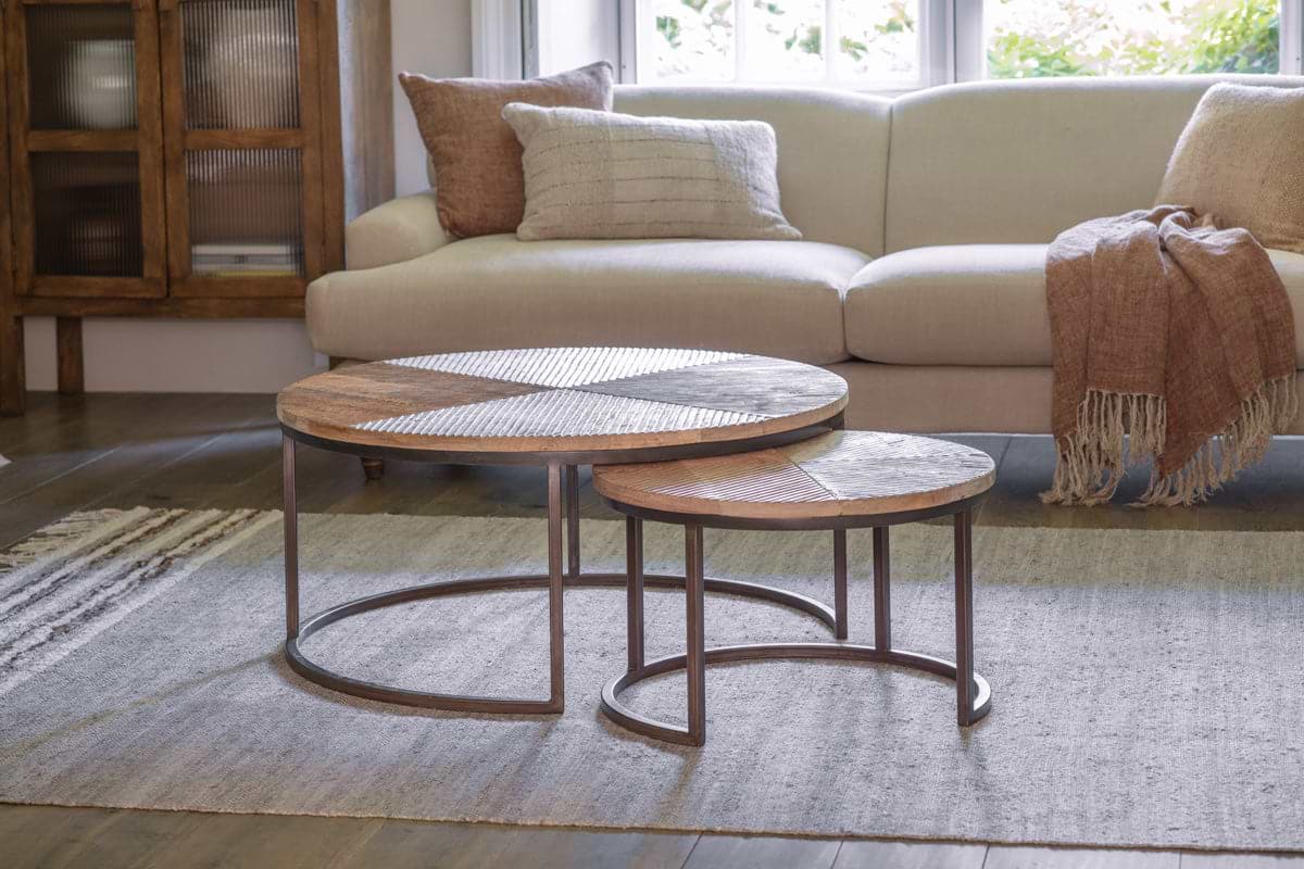 Aasha Carved Mango Wood & Iron Nesting Coffee Tables - Natural - (Set of 2)