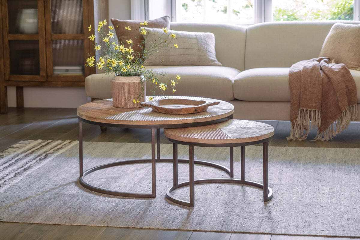 Aasha Carved Mango Wood & Iron Nesting Coffee Tables - Natural - (Set of 2)-TABLES-Nkuku