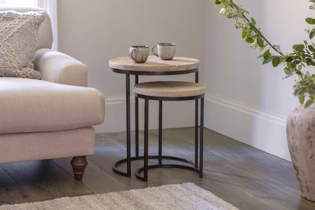 Aasha Carved Mango Wood & Iron Nesting Side Tables - Natural - (Set of 2)-TABLES-Nkuku