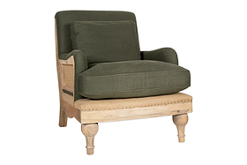 The nkuku Abe Deconstructed Linen Armchair in Olive features a mango wood frame, linen upholstery, two large cushions, rounded armrests, and a partially unfinished look that reveals the wood and structure.