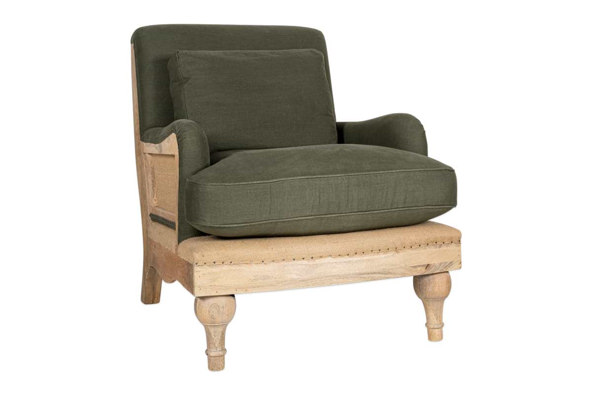 The nkuku Abe Deconstructed Linen Armchair in Olive features a mango wood frame, linen upholstery, two large cushions, rounded armrests, and a partially unfinished look that reveals the wood and structure.