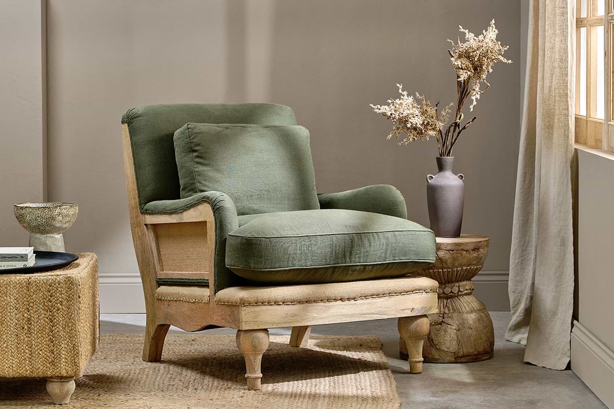 Abe Deconstructed Linen Armchair - Olive-SEATING-Nkuku