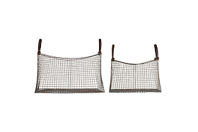 The nkuku Adah Iron Baskets - Brown (Set of 2) feature a grid pattern and brown leather handles. Displayed on a white background, these stackable baskets come in two sizes, with the larger basket shown on the left.