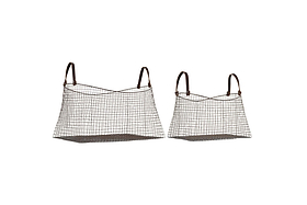 The Adah Iron Baskets - Brown (Set of 2) by nkuku feature a neat grid design, brown leather handles, and stackable rectangular shapes in two sizes, shown on a plain white background.