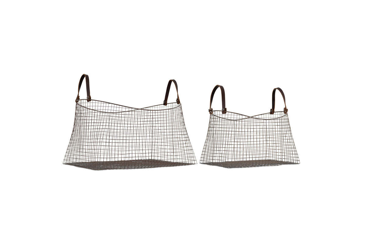 The Adah Iron Baskets - Brown (Set of 2) by nkuku feature a neat grid design, brown leather handles, and stackable rectangular shapes in two sizes, shown on a plain white background.