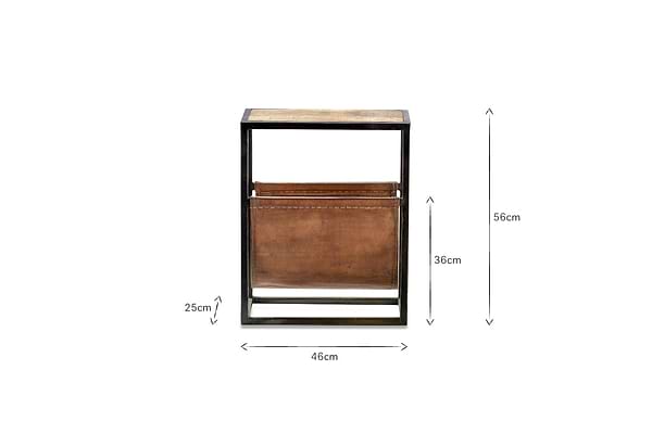 The nkuku Alera Side Table features a 46 cm wide iron frame, wooden top, and a brown leather magazine holder (25 cm high, top edge 36 cm above the base); overall height is 56 cm.
