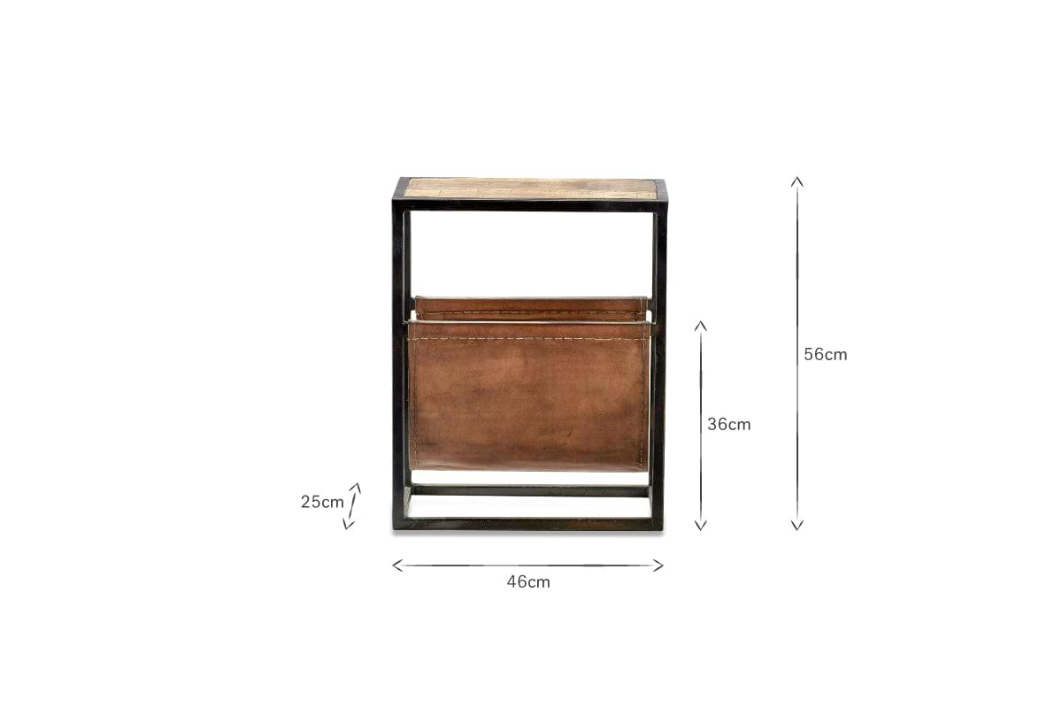 The nkuku Alera Side Table features a 46 cm wide iron frame, wooden top, and a brown leather magazine holder (25 cm high, top edge 36 cm above the base); overall height is 56 cm.