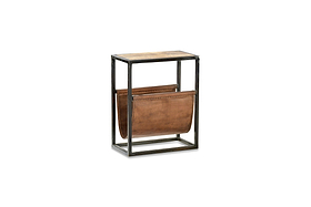 The nkuku Alera Side Table features a black iron frame, a rustic wood top, and two brown leather magazine holders suspended between its legs.