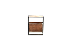 The nkuku Alera Side Table features a narrow, industrial look with a black iron frame, light mango wood top, and a brown leather pocket suspended beneath the shelf.