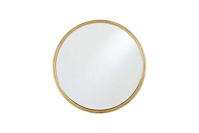 The Almora Round Mirror - Large by nkuku features a slender gold-colored frame and is showcased centered on a plain white background. Its clean surface reflects a bright, neutral setting.
