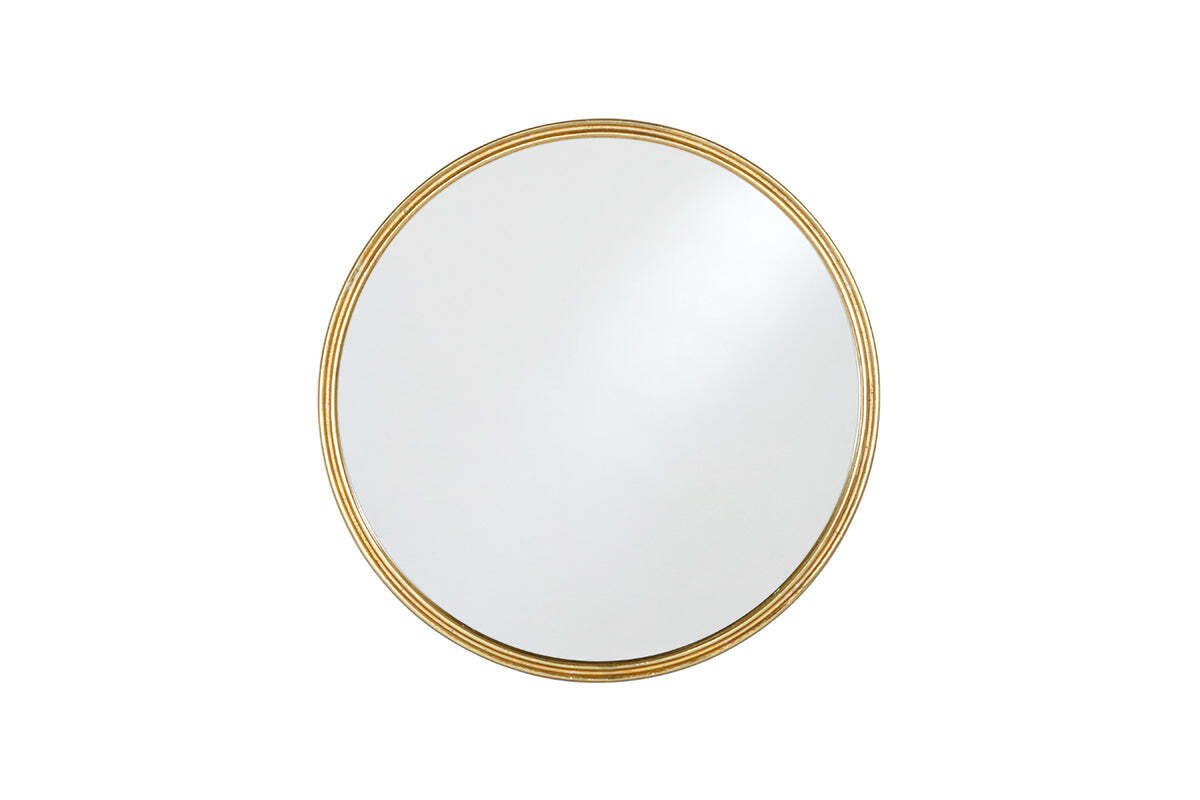 The Almora Round Mirror - Large by nkuku features a slender gold-colored frame and is showcased centered on a plain white background. Its clean surface reflects a bright, neutral setting.