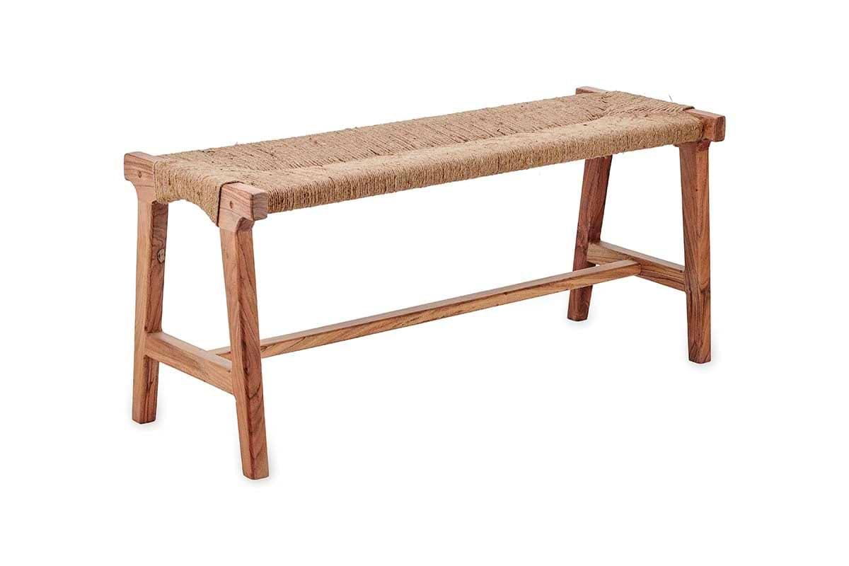 The nkuku Amhara Acacia & Jute Woven Bench features a light-finished acacia wood frame with angled legs, horizontal supports, and a natural jute seat, showcasing organic textures against a plain white background.