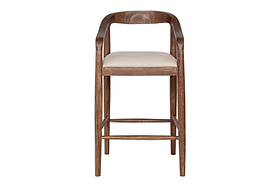 The Anbu Acacia Upholstered Counter Chair by nkuku features a curved backrest, armrests, and a beige seat cushion. Its four straight legs with support bars display a washed walnut finish, shown against a plain white background.