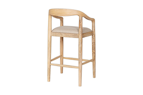 The Anbu Mango Wood Upholstered Counter Chair by nkuku features a curved backrest, armrests, and a beige seat. Its light mango wood frame with support bars offers minimalist style—ideal as a kitchen counter stool. Shown on a plain white background.