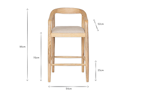 Front view of the nkuku Anbu Mango Wood Upholstered Counter Chair - Natural, featuring a beige cushioned seat, curved armrests, footrest, and dimensions: H96cm, seat H70cm, armrest H52cm, footrest H25cm, W54cm.