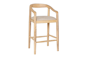 The Anbu Mango Wood Upholstered Counter Chair by nkuku features a curved back, armrests, and a neutral seat—perfect as a stylish kitchen counter stool.