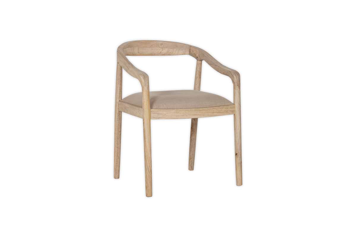 The Anbu Mango Wood Upholstered Dining Chair by nkuku features a natural finish, rounded open backrest, curved armrests, straight legs, and a contoured seat in a modern minimalist design. Photographed against a plain white background.