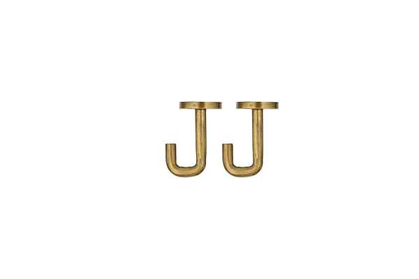 The nkuku Aniko Iron Ceiling Hook - Brass (Set of 2) features two J-shaped metallic hooks with flat, round tops and smooth finishes, ideal for hanging or kitchen storage. Shown side by side on a plain white background.