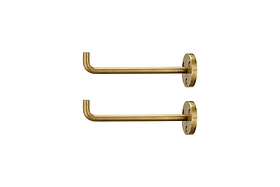 The nkuku Aniko Iron Hook - Brass (Set of 2) features two identical wall-mounted hooks with a round plate, three screw holes, and a straight arm with an upturned end—ideal for stylish wall storage. Shown against a white background.