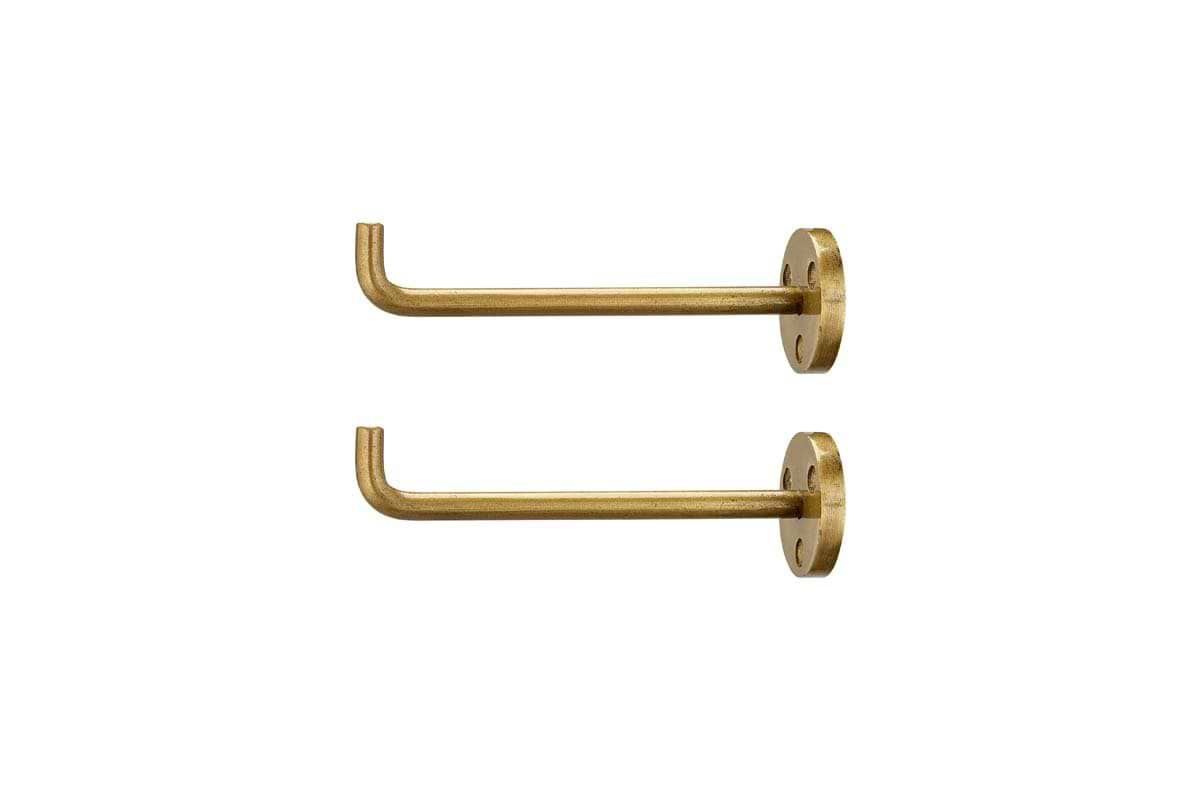 The nkuku Aniko Iron Hook - Brass (Set of 2) features two identical wall-mounted hooks with a round plate, three screw holes, and a straight arm with an upturned end—ideal for stylish wall storage. Shown against a white background.