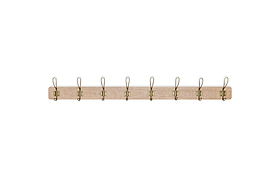 The nkuku Ankita Mango Wood & Iron Hooks - Natural & Antique Brass - Large is a wall-mounted coat rack with artisan design, featuring eight elegant double hooks in antique brass.