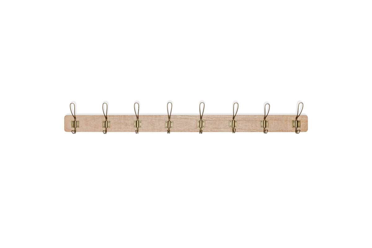 The nkuku Ankita Mango Wood & Iron Hooks - Natural & Antique Brass - Large is a wall-mounted coat rack with artisan design, featuring eight elegant double hooks in antique brass.