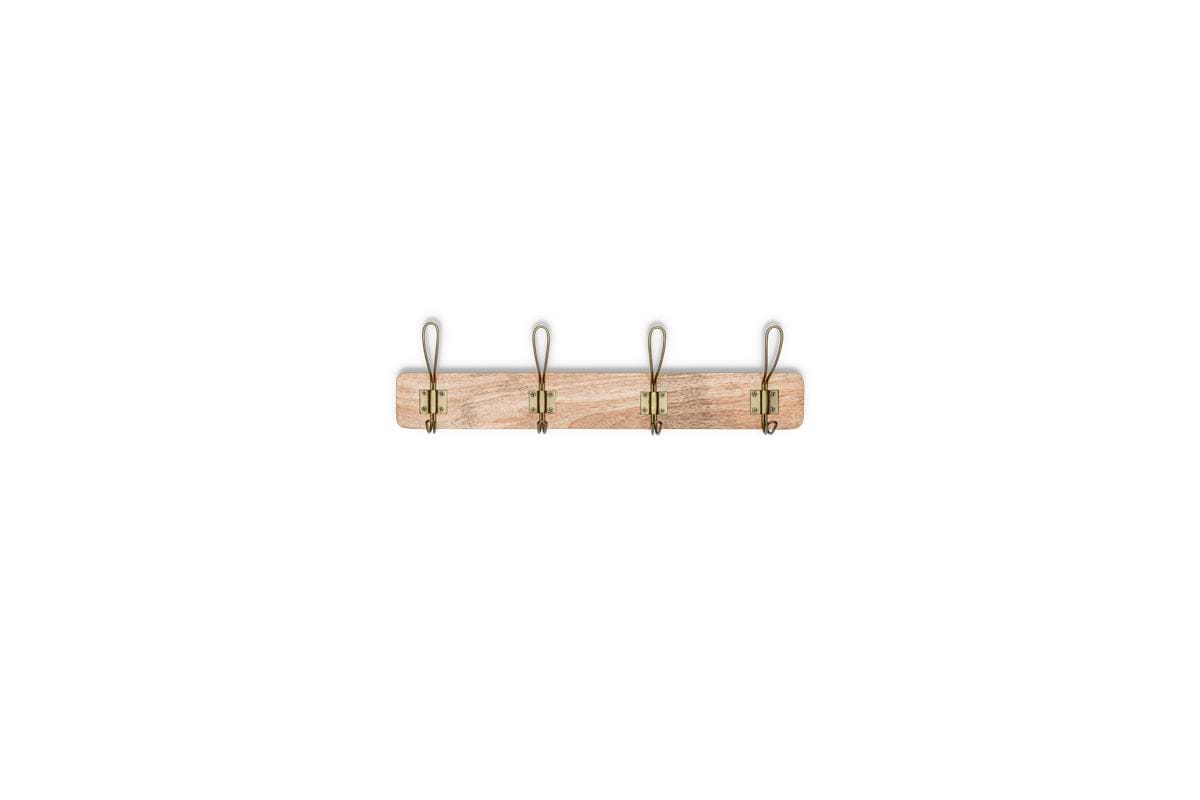 The Ankita Mango Wood & Iron Hooks - Natural & Antique Brass - Small by nkuku features a light-finished mango wood rack with four evenly spaced, curved iron hooks, each secured with two screws. The background is plain white.