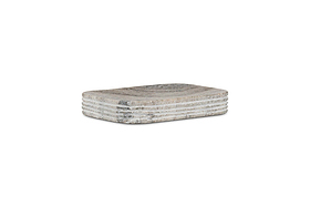 The Asana Marble Soap Dish - Grey by nkuku features a rectangular design with rounded edges and horizontal ridges, showcasing hand-etched details and subtle gray-beige tones on white for a natural, textured look.