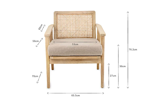 The nkuku Atri Mango Wood & Cane Occasional Chair features a woven rattan back, beige cushion, and sustainable mango wood. Shown front view: height 76.2cm, seat height 36cm, width 65.5cm, depth 70cm, arm height 56cm.