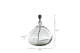 The nkuku Baba Recycled Glass Lamp - Clear - Large Wide features hand-blown, textured glass with a wide base and narrow neck, a black holder, and measures 41 cm tall by 33 cm wide and deep (dimensions shown by arrows).