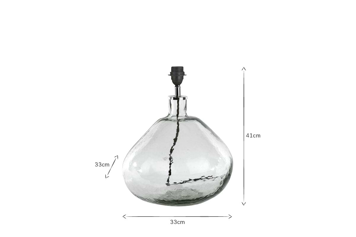 The nkuku Baba Recycled Glass Lamp - Clear - Large Wide features hand-blown, textured glass with a wide base and narrow neck, a black holder, and measures 41 cm tall by 33 cm wide and deep (dimensions shown by arrows).