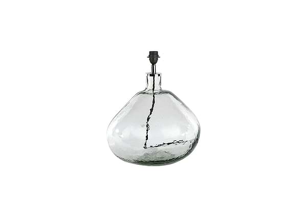 The nkuku Baba Recycled Glass Lamp - Clear - Large Wide features a hand-blown, rounded, and textured base made from recycled glass with a metal fitting on top. No bulb or lampshade included. Photographed against a plain white background.