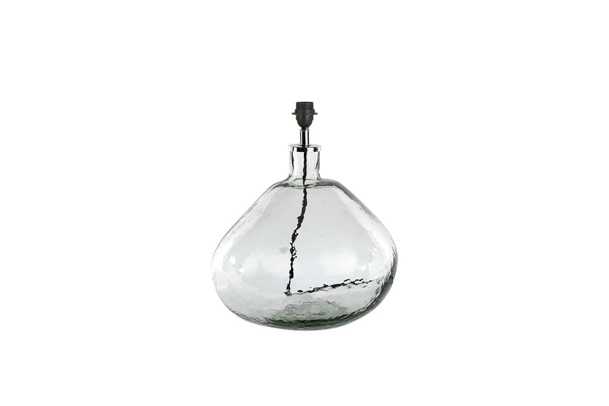 The nkuku Baba Recycled Glass Lamp - Clear - Large Wide features a hand-blown, rounded, and textured base made from recycled glass with a metal fitting on top. No bulb or lampshade included. Photographed against a plain white background.