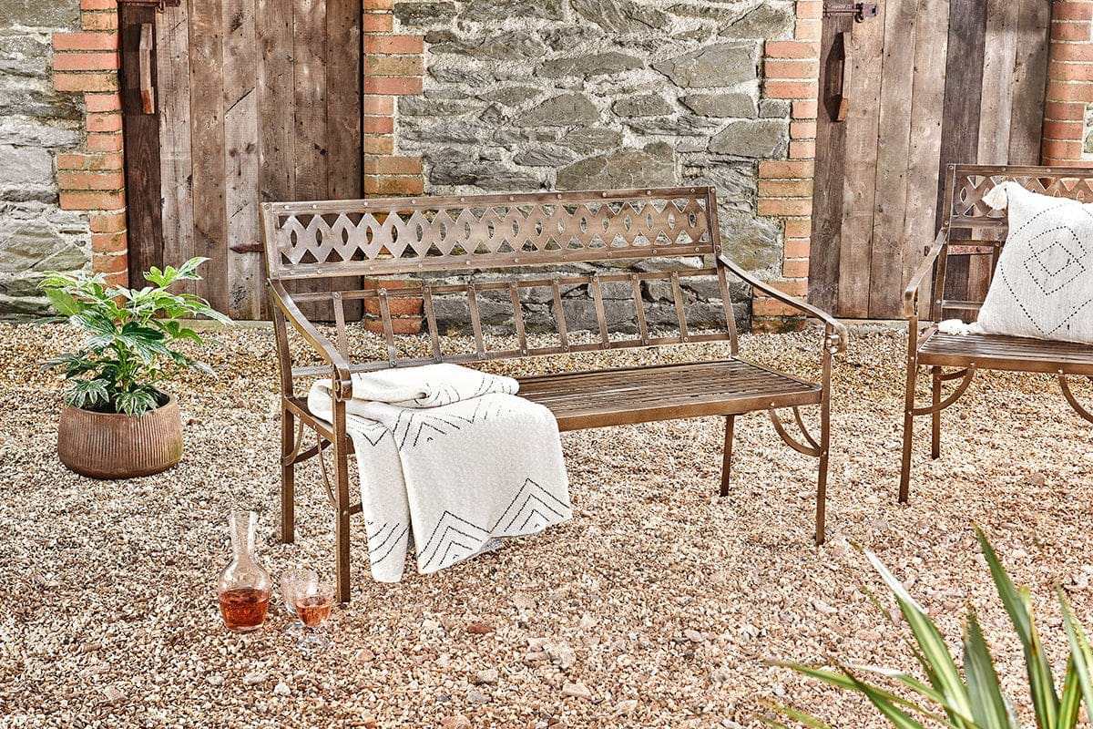 Bahula Decorative Iron Bench-GARDEN-Nkuku