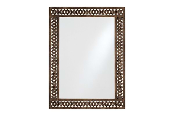 The nkuku Bahula Decorative Outdoor Mirror - Rust is a rectangular garden mirror with a wide brown wooden frame and repeating diamond-shaped lattice pattern, ideal for indoor or outdoor use. The background is white.