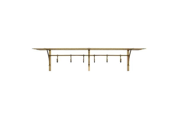 The nkuku Basti Iron Storage Shelf in Antique Brass features seven hooks and a slatted shelf, making it a stylish hallway organizer.