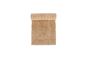 The nkuku Braided Hemp Table Runner features coarse, woven natural fibers in a beige-tan hue, offering handcrafted style—ideal for adding rustic charm to your tablescape. Shown rolled on a white background.