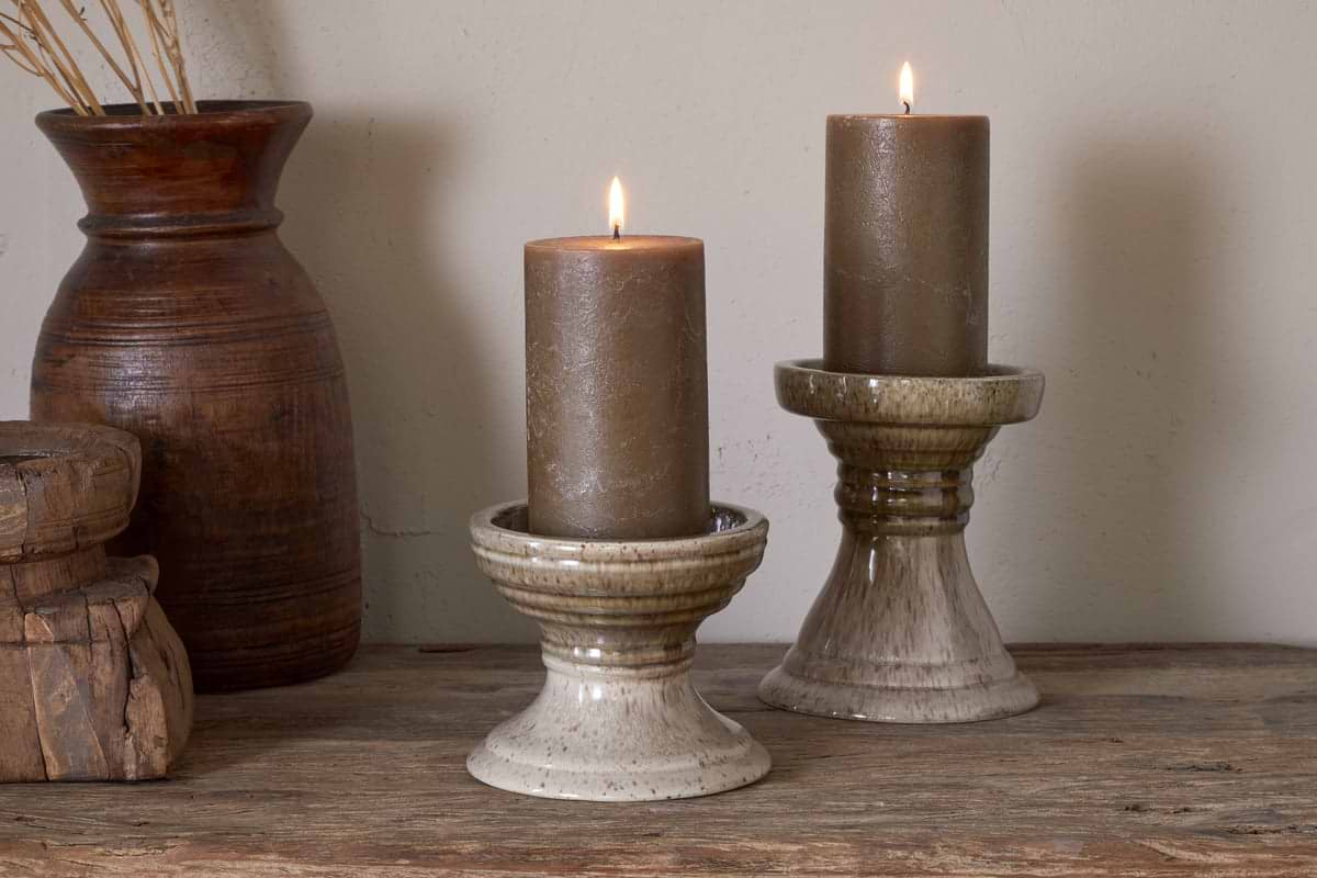 Cabra Reactive Glaze Candle Holder - Olive & Natural-CANDLES HOLDERS & LANTERNS-Nkuku