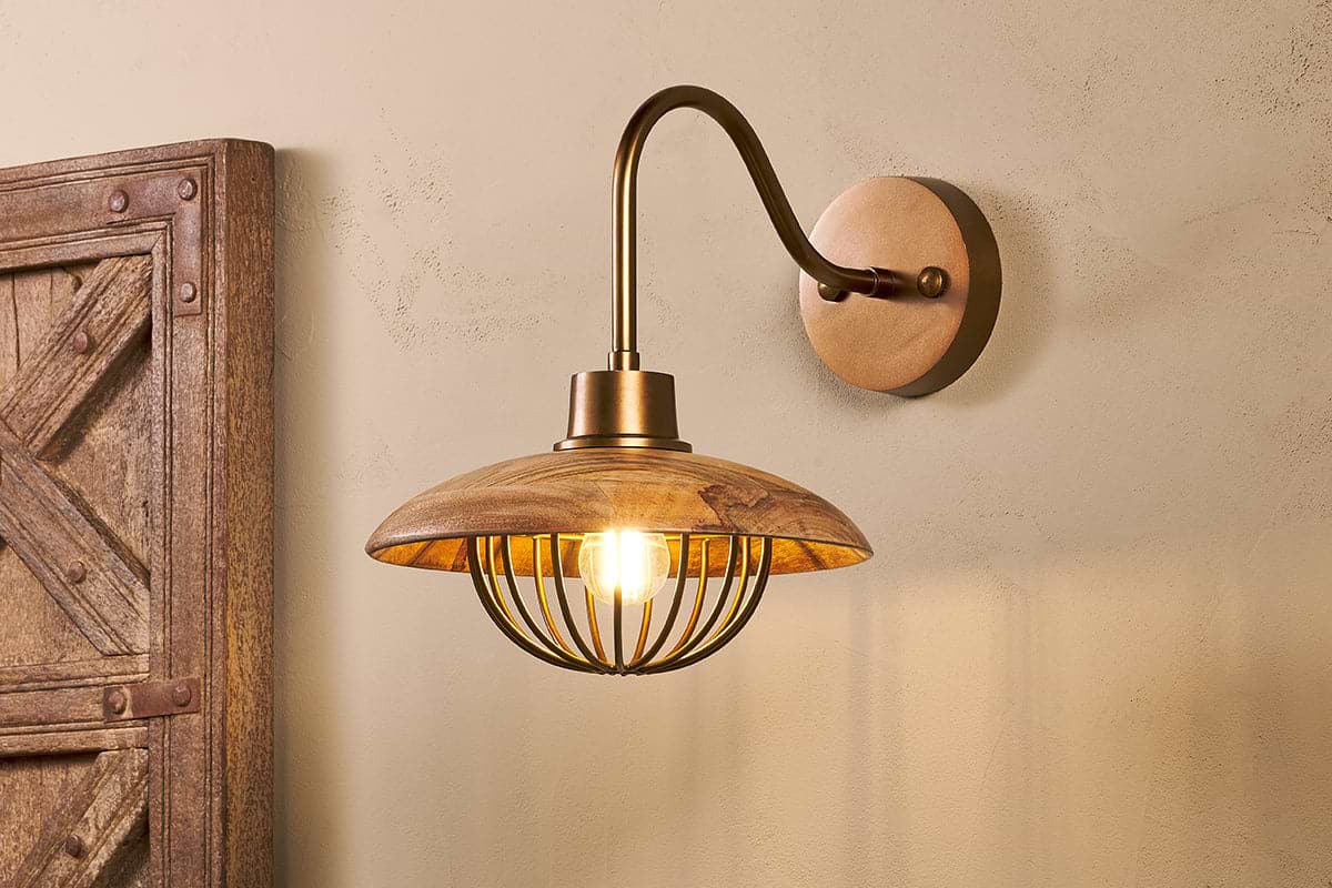 Chakai Mango Wood Wall Lamp - Natural & Antique Brass-LIGHTS-Nkuku