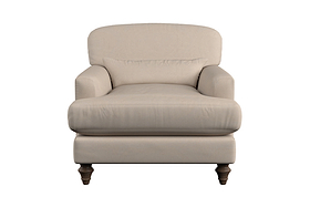 Deni Large Corner Sofa by Nkuku, upholstered in Brera Linen Espresso, features spacious seating with plush cushions, gently rounded backrests, and subtly curved armrests. Supported by short, dark wooden legs and crafted with British quality linen upholstery, this sofa presents a soft, cozy appearance—ideal for comfortable relaxation. Shown from the front against a white background.