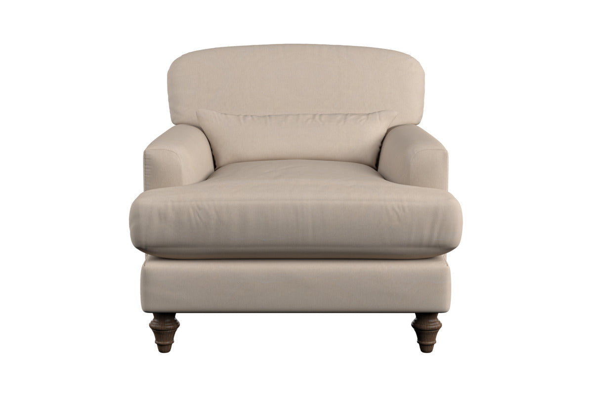 Deni Large Corner Sofa by Nkuku, upholstered in Brera Linen Espresso, features spacious seating with plush cushions, gently rounded backrests, and subtly curved armrests. Supported by short, dark wooden legs and crafted with British quality linen upholstery, this sofa presents a soft, cozy appearance—ideal for comfortable relaxation. Shown from the front against a white background.