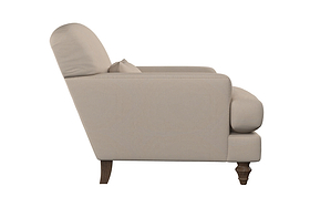 Side view of the Deni Large Corner Sofa by Nkuku, upholstered in Brera Linen Espresso with a cushioned seat and back, square armrests, and sturdy wooden legs. Crafted from premium linen that showcases British quality, this sofa comes with a matching pillow and is set against a plain white background.