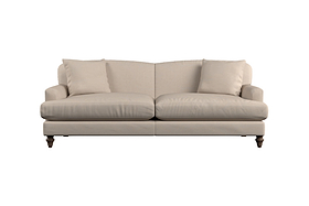 Shown against a white background, the Nkuku Deni Large Corner Sofa in Brera Linen Smoke features elegant linen upholstery in a soft beige-grey tone. Designed with two spacious seat cushions, two plush back cushions, and two matching throw pillows, this upholstered sofa is supported by dark wooden legs and showcases gently rounded arms for a classic yet comfortable look that reflects Nkuku's timeless British craftsmanship.