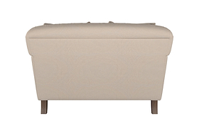 The Deni Large Footstool by Nkuku, shown in Brera Linen Pebble upholstery, is viewed from the back. It features a rounded cushioned top and wooden legs, offering a smooth, clean look with simple lines against a plain white background.
