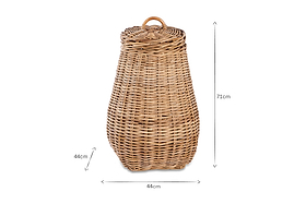 The nkuku Amandi Rattan Laundry Bin, shown on a white background with arrows and dimension labels, is a tall, light brown woven basket with a lid and handle, measuring 71cm high by 44cm wide—perfect for bathroom storage.