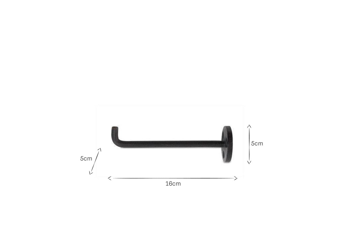 The nkuku Aniko Iron Hook (Set of 2) is shown in black with an L-shaped, wall-mounted design and a round base. On a white background, labeled arrows mark its dimensions: 5 cm high, 5 cm deep, and the horizontal bar is 16 cm long.