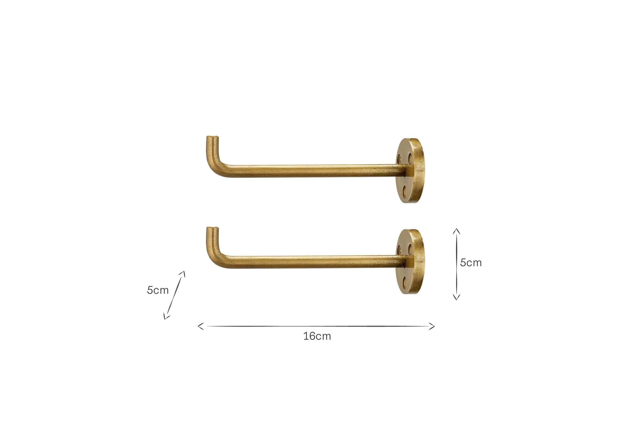 The Aniko Iron Hook - Brass (Set of 2) by nkuku features two 16cm x 5cm brass hooks—perfect for stylish and practical hanging storage in any space.