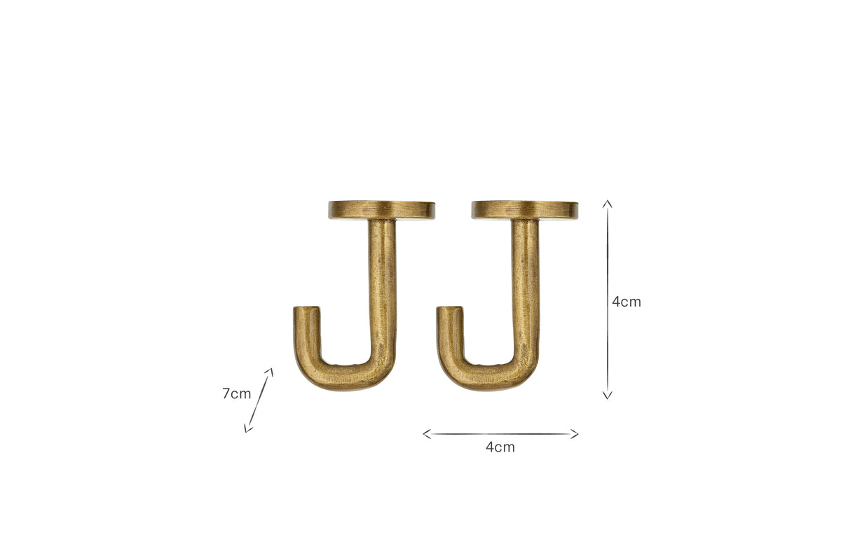 Two Aniko Iron Ceiling Hooks in brass by nkuku are displayed side by side on a white background. Each hook is 7 cm tall, 4 cm wide, with a 4 cm gap between them. Arrows indicate measurements. Perfect for storage or kitchen use.