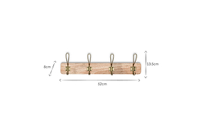 The nkuku Ankita Mango Wood & Iron Hooks (Natural & Antique Brass, Small) features four brass hooks on light mango wood. Shown against a white background; dimensions: 52cm long, 13.5cm high, 8cm deep—ideal for entryways or bedrooms.